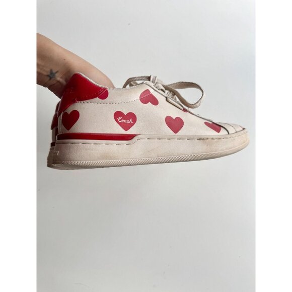 COACH Lowline Red Valentine's Day Heart Print Leather Low Top Sneakers, Size 5.5 - Picture 4 of 16